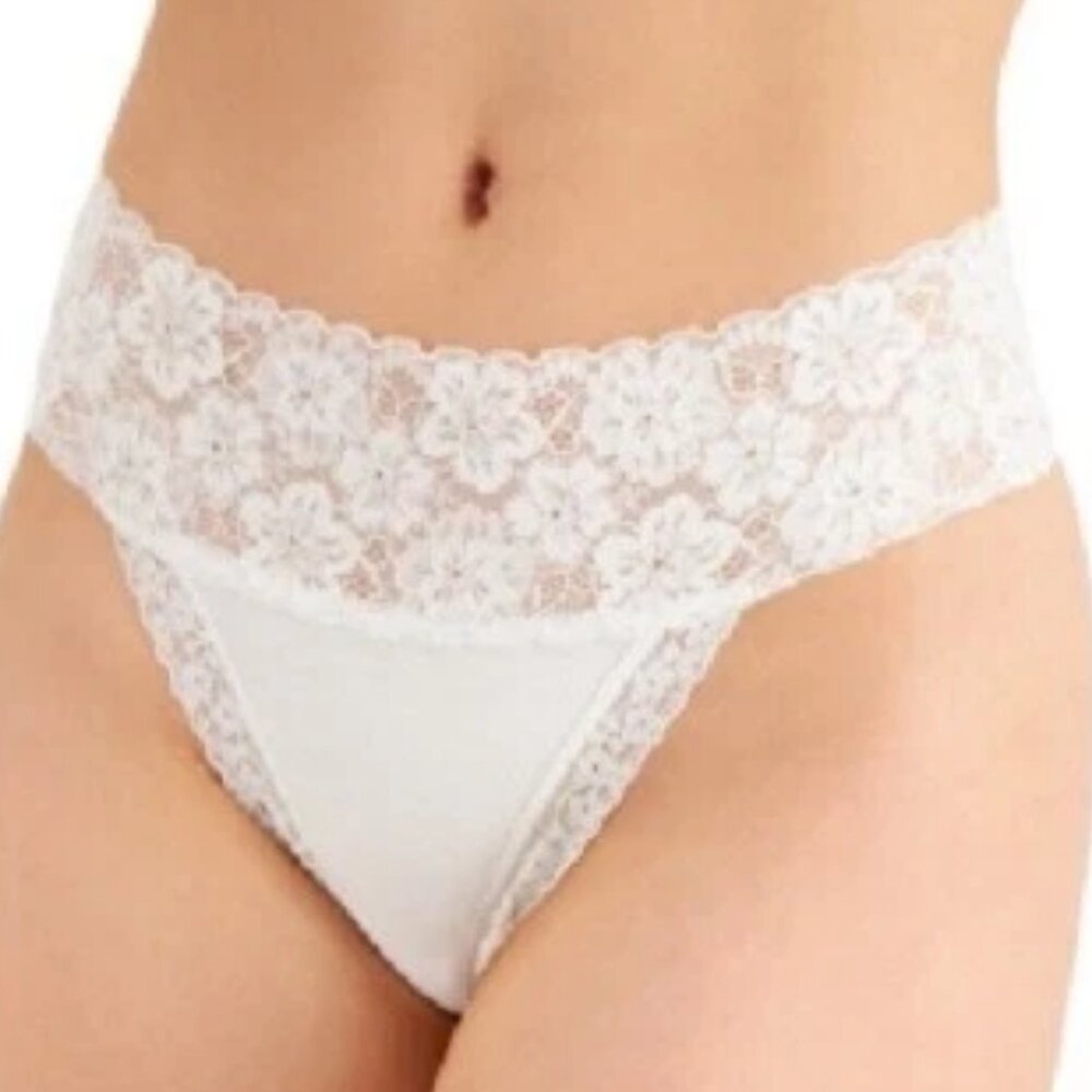 Jenni Women's Wide Lace Waist Thong Panty Underwear, Bright White, XXXL / 3XL